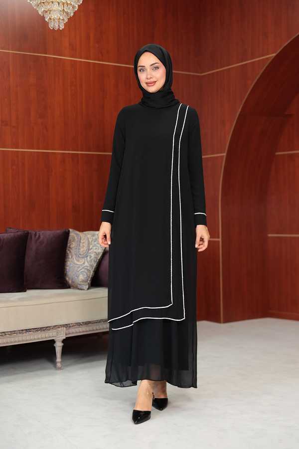 Başak Çizgi Detay Abaya - Siyah
