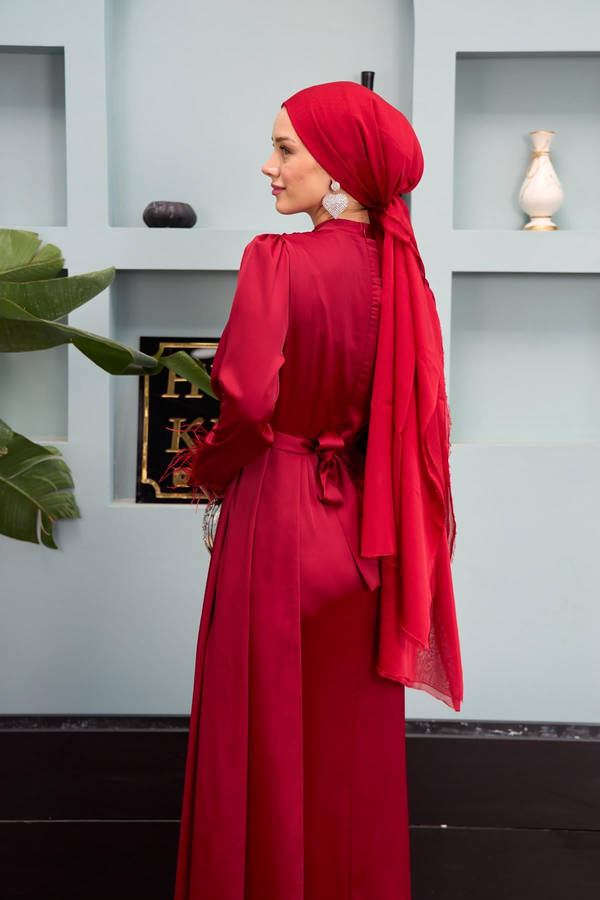 Bel Bağlamalı Kobe Saten Abiye - Bordo