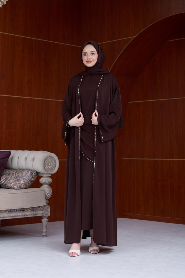 Berinda Taş Şerit Detaylı Abaya - Kahverengi