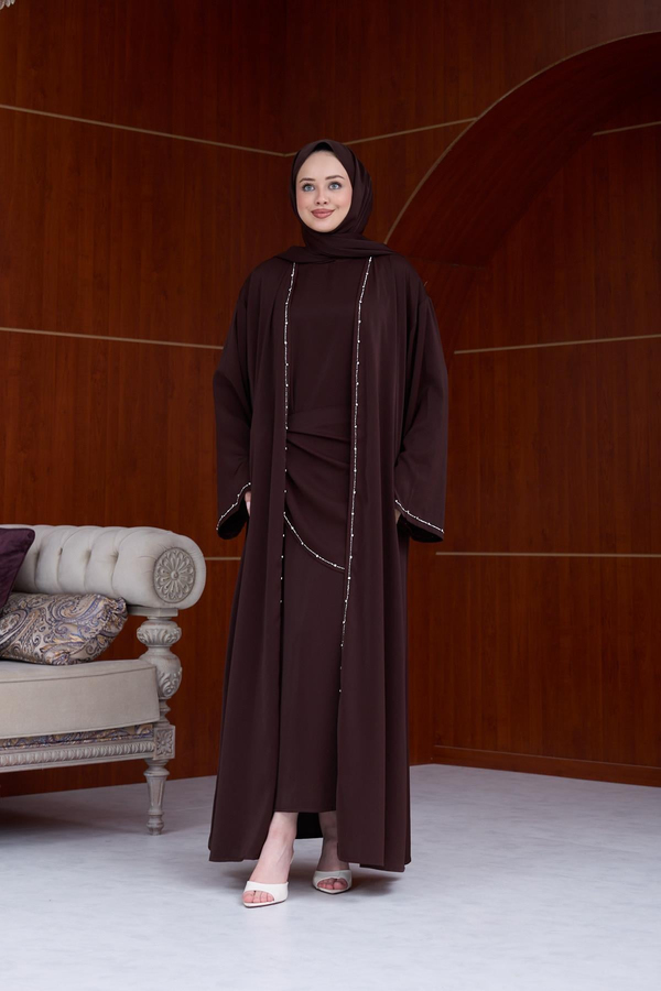 Berinda Taş Şerit Detaylı Abaya - Kahverengi