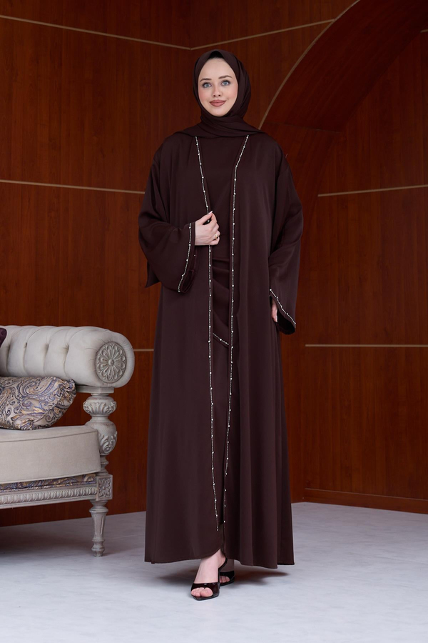 Berinda Taş Şerit Detaylı Abaya - Kahverengi