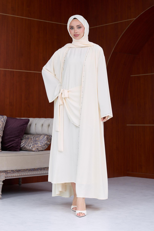Berinda Taş Şerit Detaylı Abaya - Krem