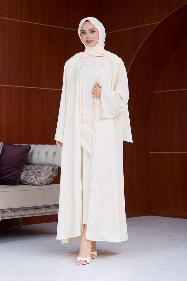 Berinda Taş Şerit Detaylı Abaya - Krem