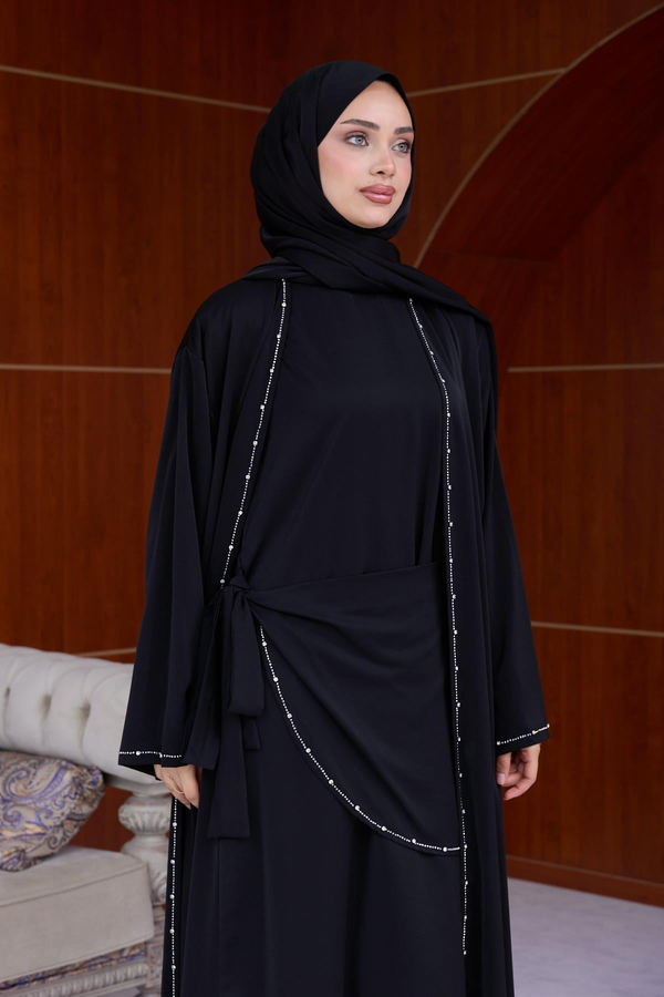 Berinda Taş Şerit Detaylı Abaya - Siyah
