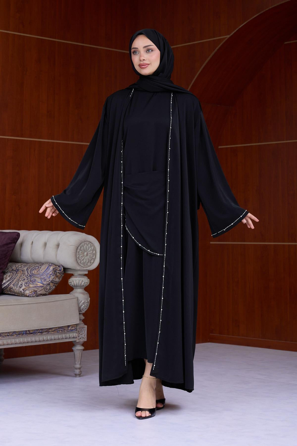 Berinda Taş Şerit Detaylı Abaya - Siyah