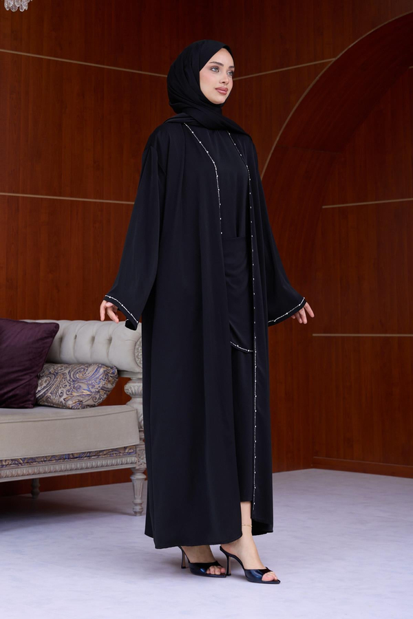 Berinda Taş Şerit Detaylı Abaya - Siyah