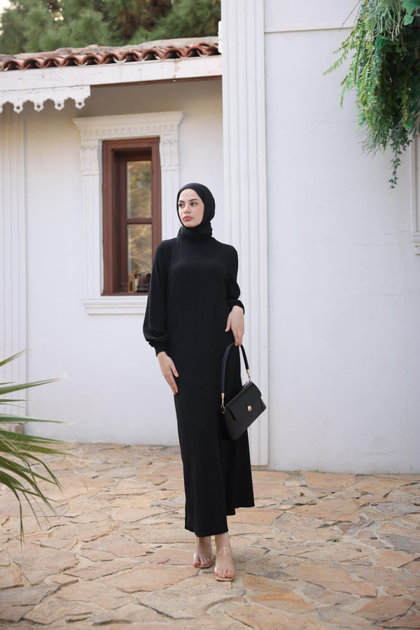 Boğazlı Triko Elbise - Siyah