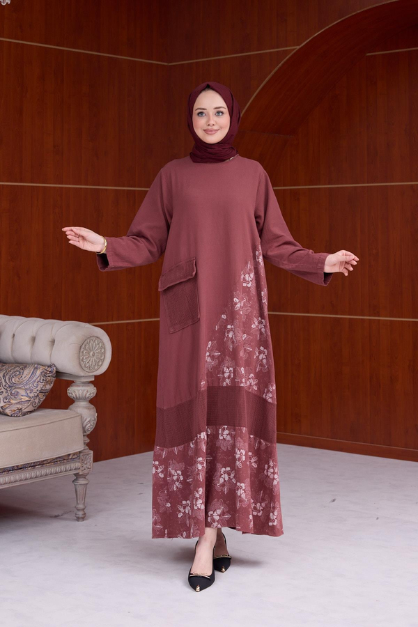 Çiçek Desen Tensel Elbise - Bordo