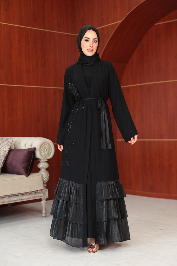 Çiçek Tasarım Detay Abaya - Siyah
