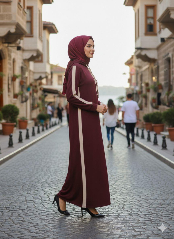 Çizgi Detay Kapüşonlu Elbise - Bordo