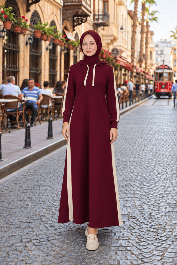 Çizgi Detay Kapüşonlu Elbise - Bordo