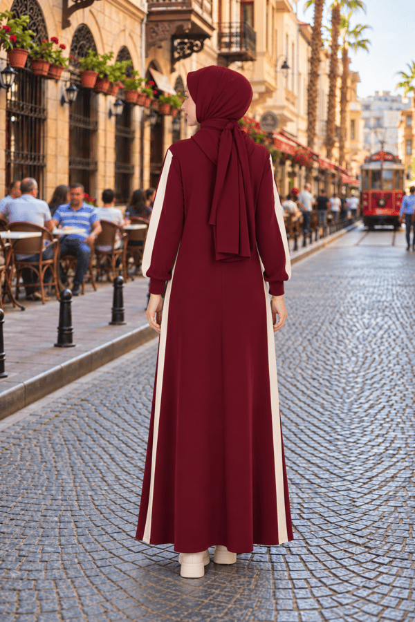 Çizgi Detay Kapüşonlu Elbise - Bordo
