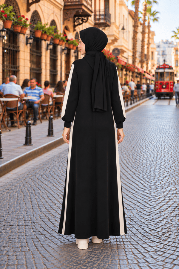 Çizgi Detay Kapüşonlu Elbise - Siyah