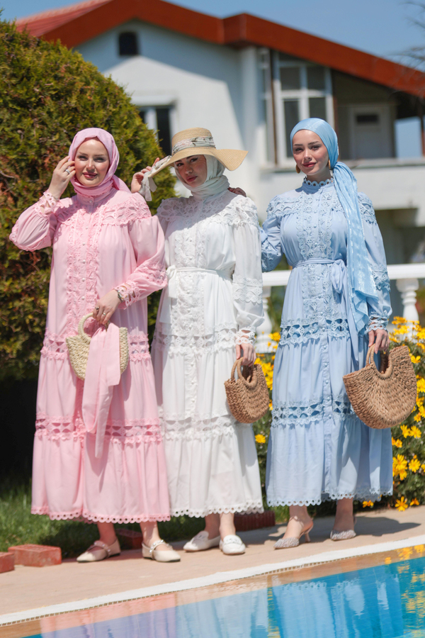 Deniz Dantel Detay Elbise - Pembe