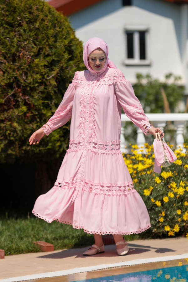 Deniz Dantel Detay Elbise - Pembe