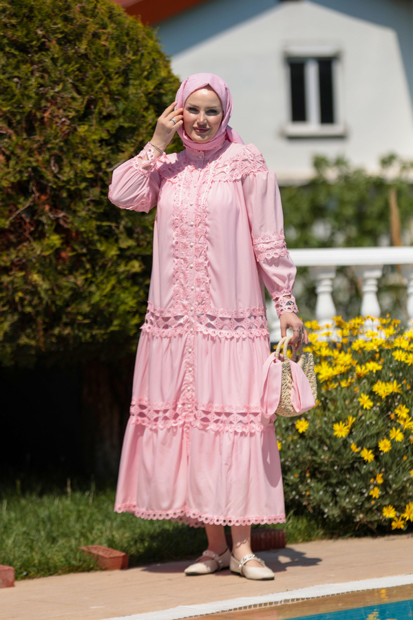 Deniz Dantel Detay Elbise - Pembe