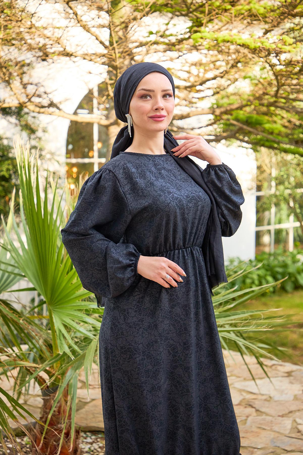 Deniz Desenli Elbise - Siyah