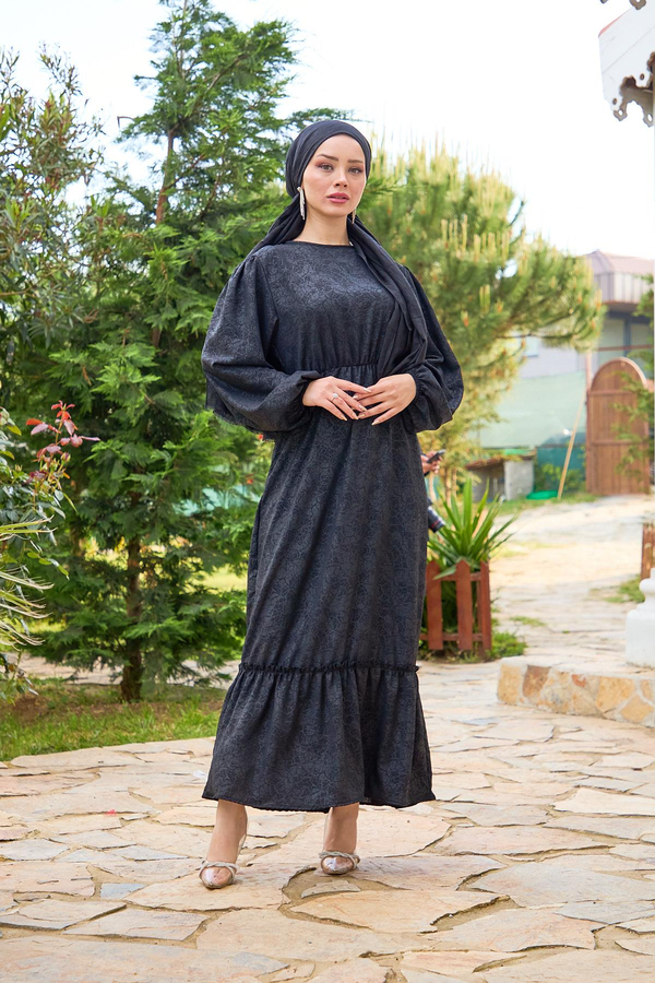 Deniz Desenli Elbise - Siyah