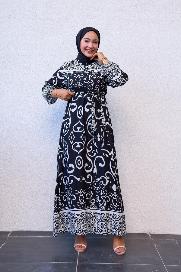 Desenli Yarım Düğmeli Elbise - Siyah