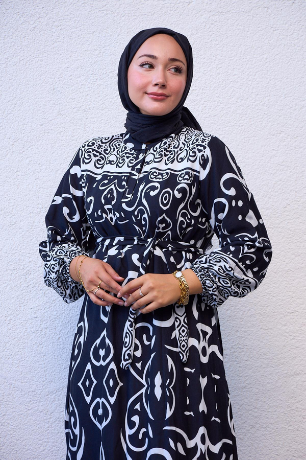 Desenli Yarım Düğmeli Elbise - Siyah