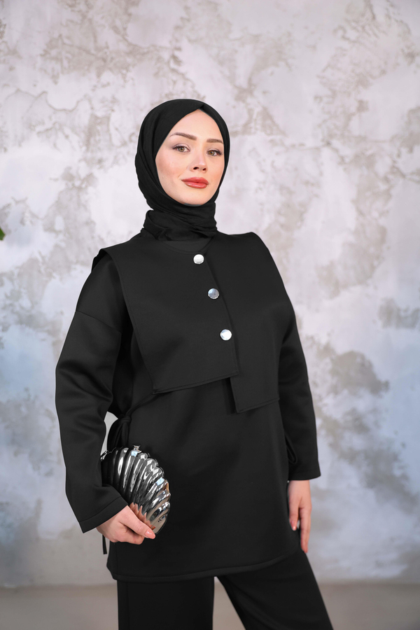 Düğme Detay Scuba Takım - Siyah