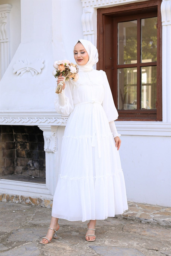 Button Detailed Chiffon Dressy - White