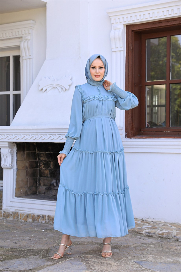 Button Detailed Chiffon Dressy - Ice Blue