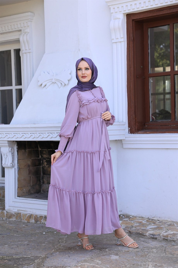 Button Detailed Chiffon Dressy - Lilac