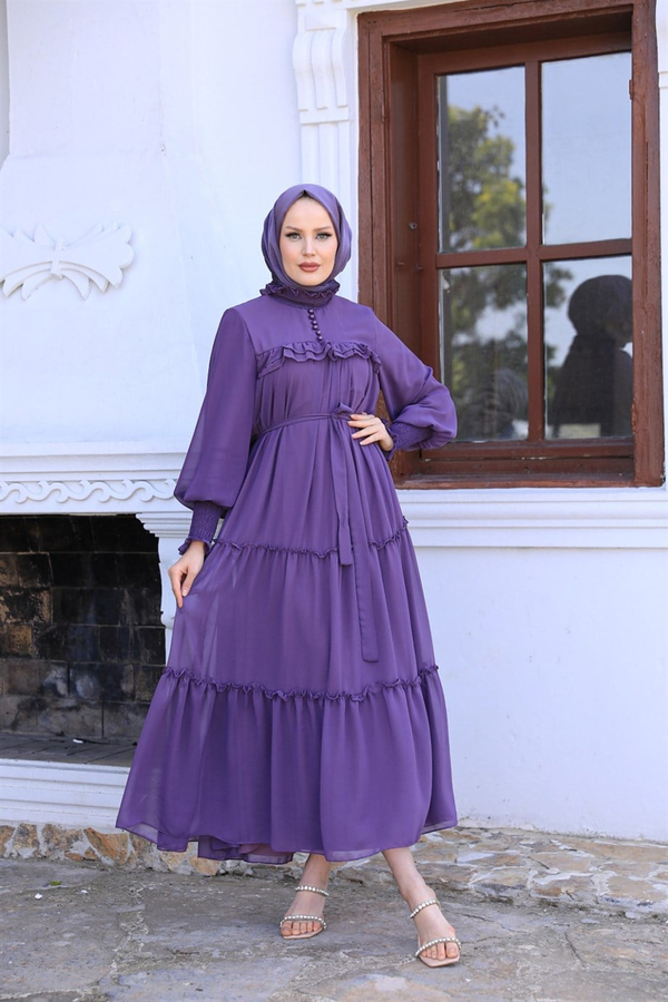 Düğme Detay Şifon Elbise - Mor