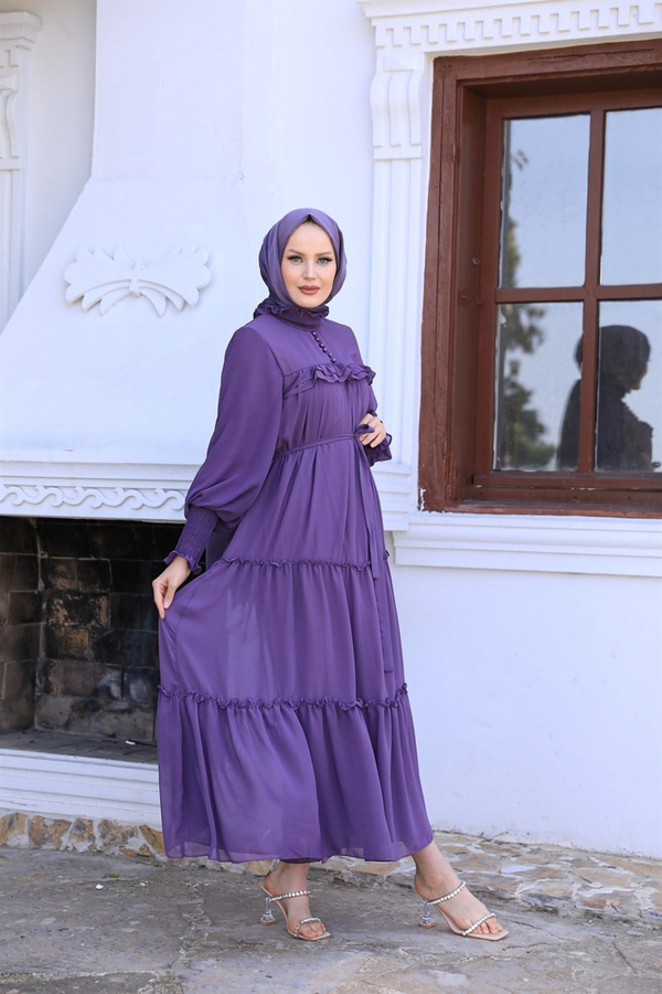 Düğme Detay Şifon Elbise - Mor
