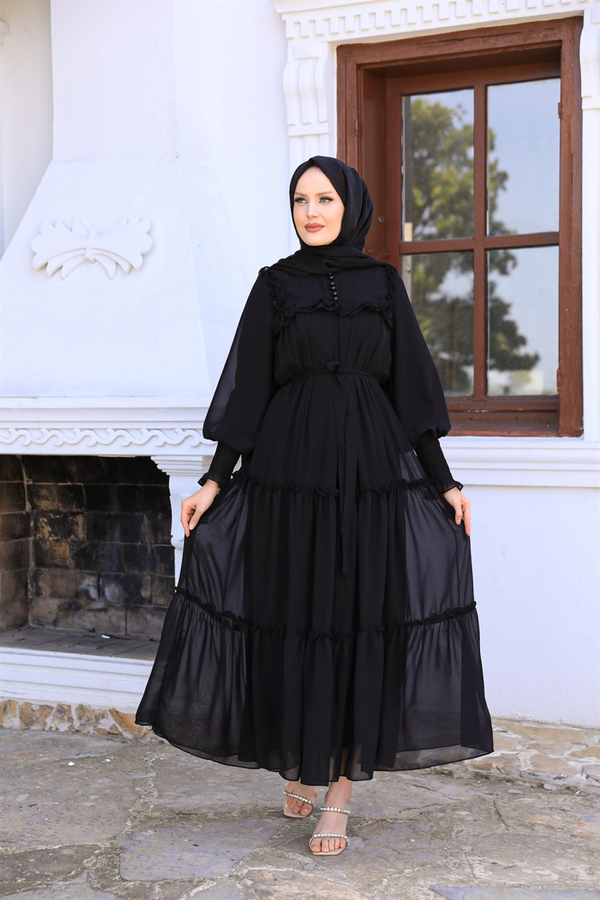 Button Detailed Chiffon Dressy - Black