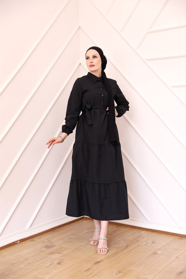 Button Detailed Terikoton Dress - Black