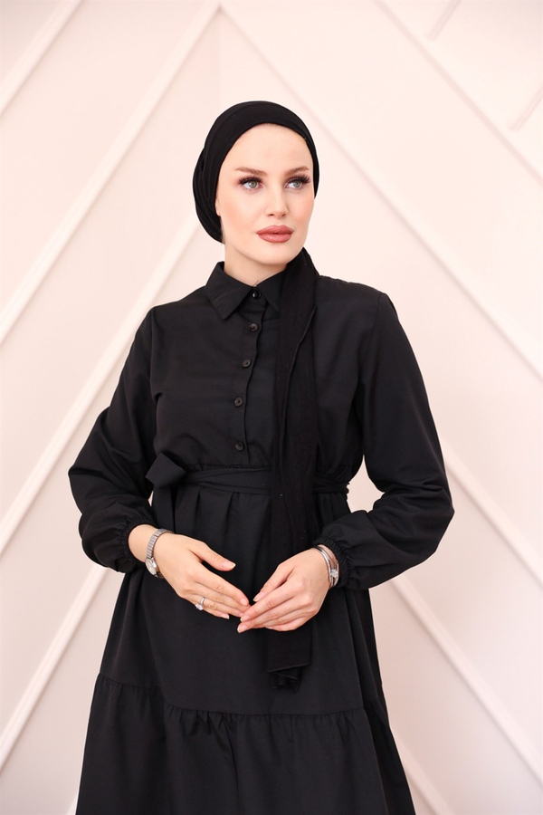 Button Detailed Terikoton Dress - Black