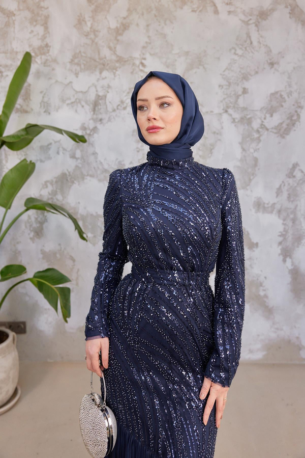 Elisa Taş İşleme Tesettür Abiye - Lacivert
