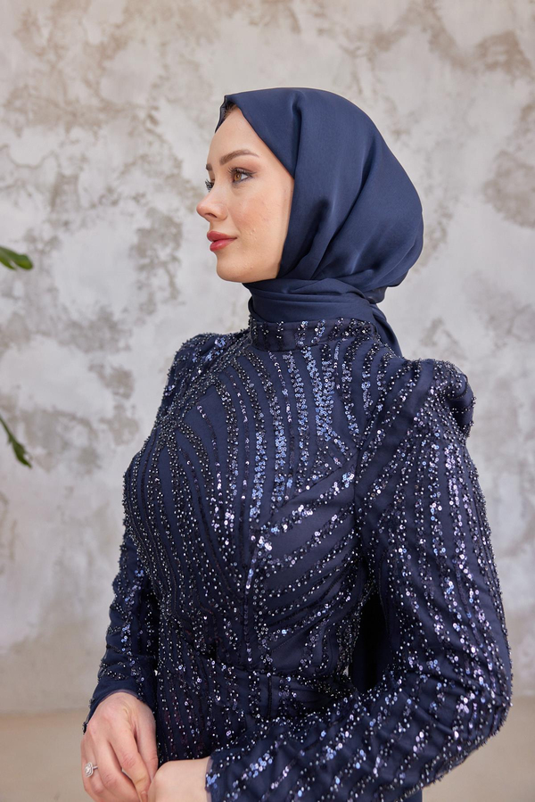 Elisa Taş İşleme Tesettür Abiye - Lacivert