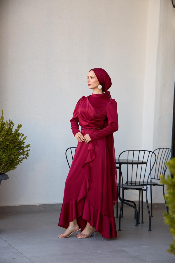 Eteği Detaylı Kobe Saten Abiye - Bordo