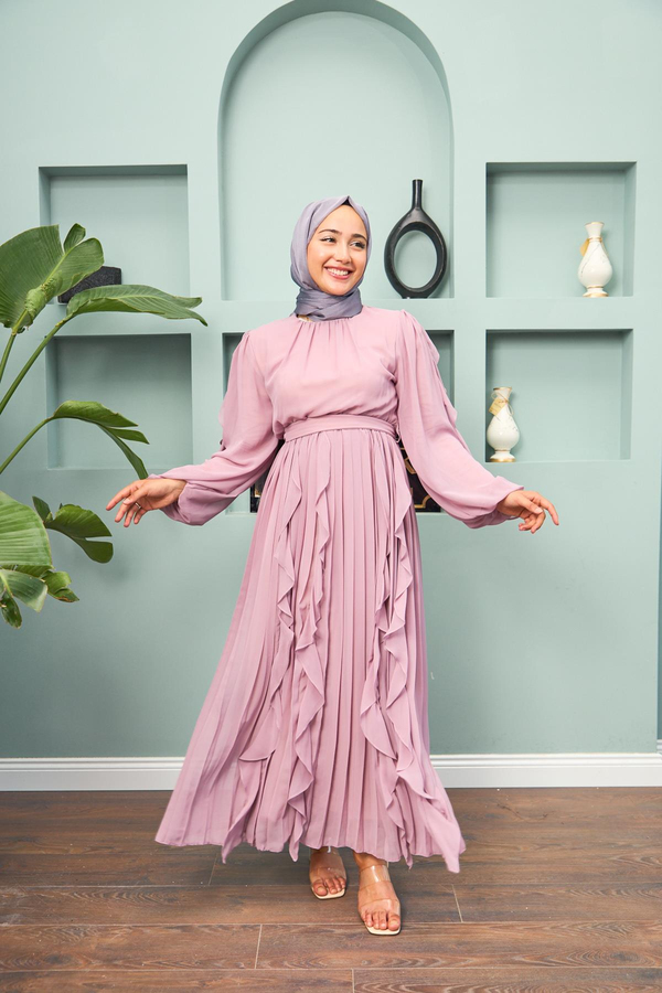 Eteği Katlı Abiye - Pembe