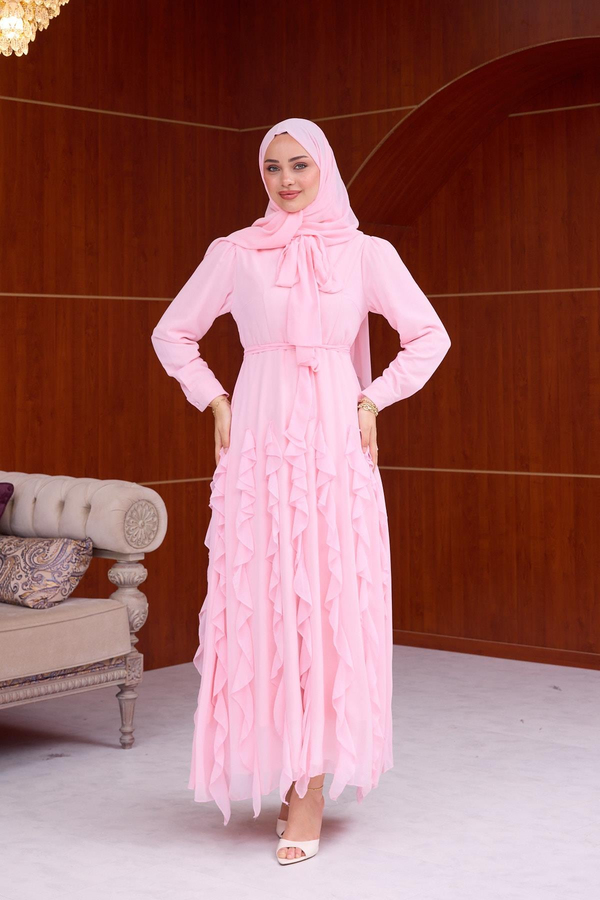 Feyza Fırfır  Detay Şifon Elbise - Pembe
