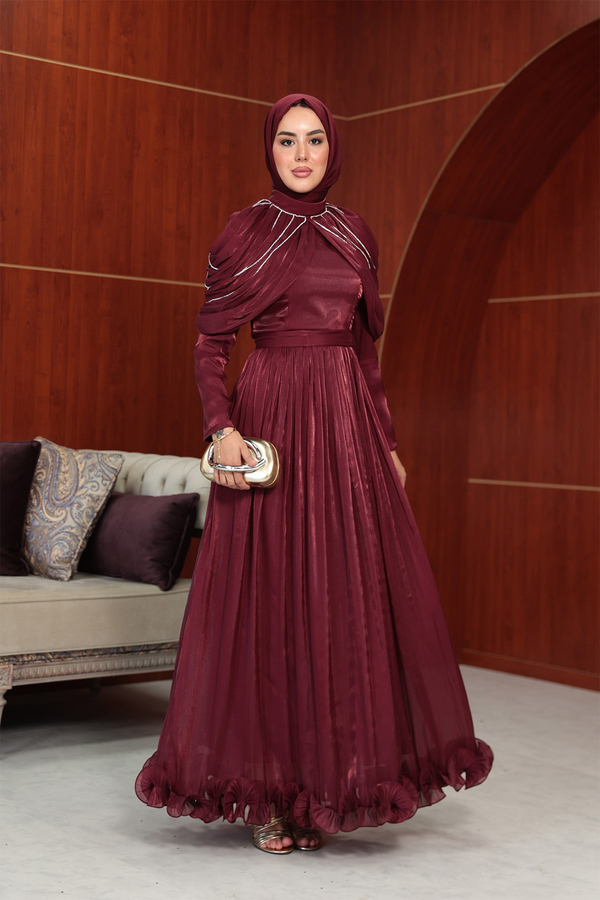 Feza Pelerin Detay Abiye - Bordo