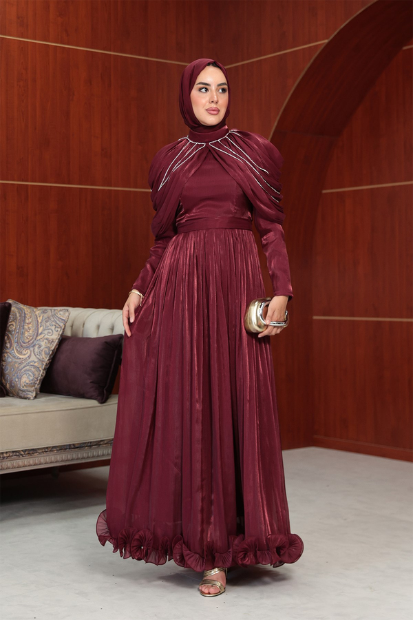 Feza Pelerin Detay Abiye - Bordo