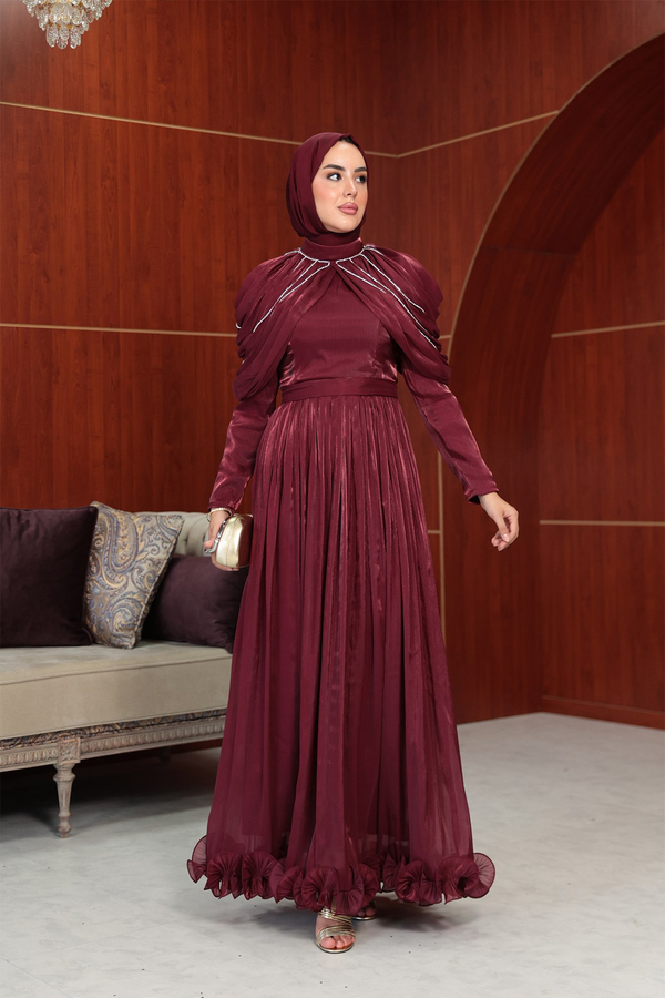Feza Pelerin Detay Abiye - Bordo