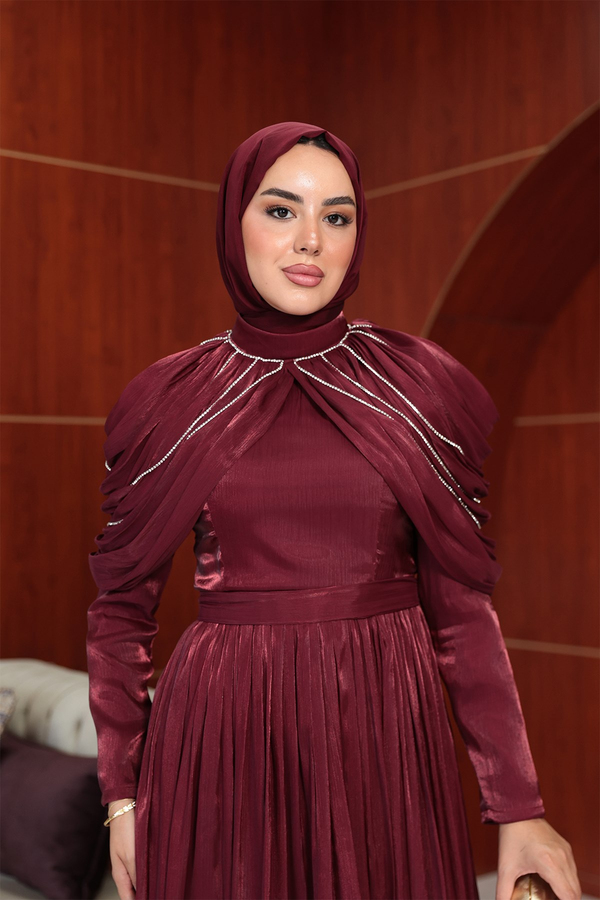 Feza Pelerin Detay Abiye - Bordo