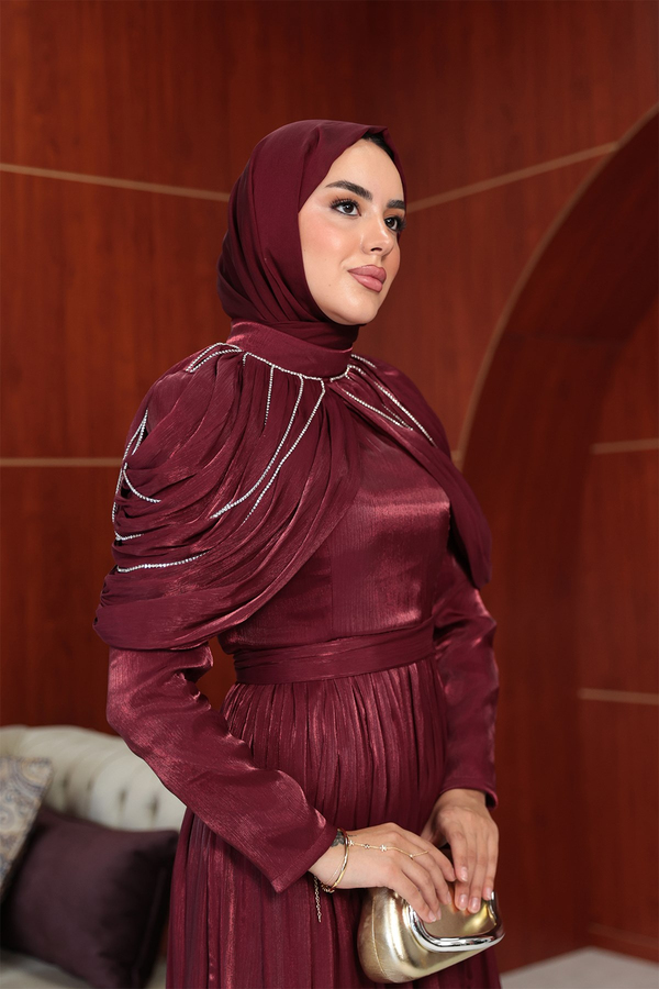 Feza Pelerin Detay Abiye - Bordo