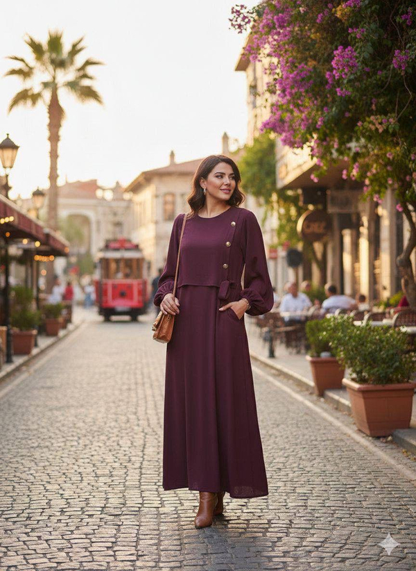 Işık Düğme Detay Elbise - Bordo