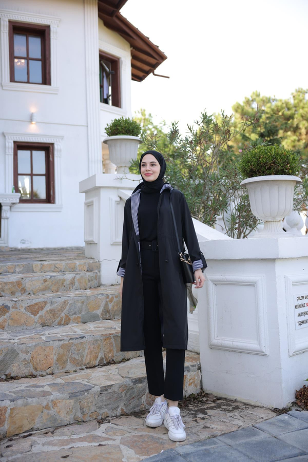 Kapşonlu Paraşüt Kumaş Trençkot - Siyah