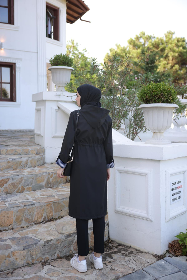 Kapşonlu Paraşüt Kumaş Trençkot - Siyah