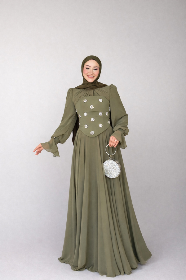 Karamel Taş Detaylı Abiye - Haki
