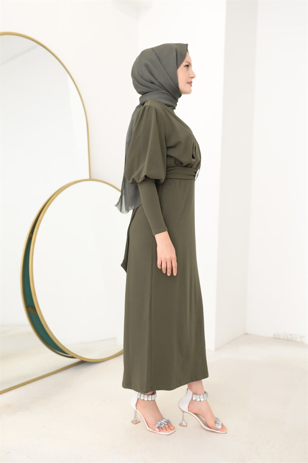 Dress with a Stone Belt - Khaki