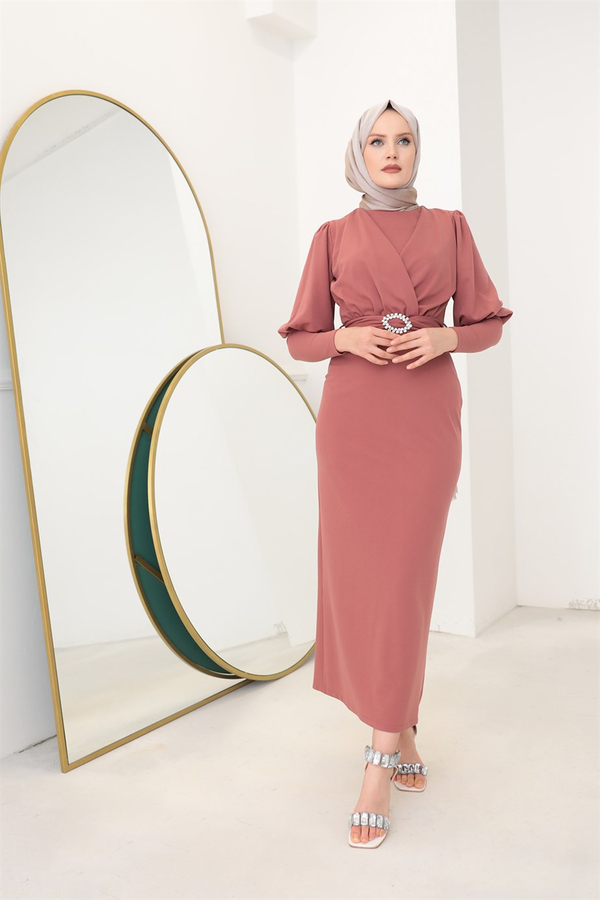Dress with a Stone Belt - Salmon