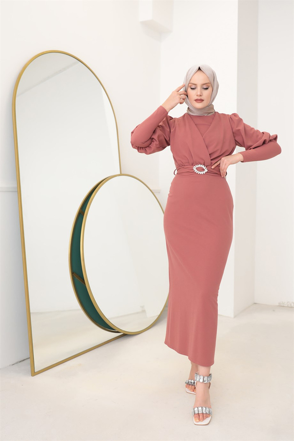 Dress with a Stone Belt - Salmon